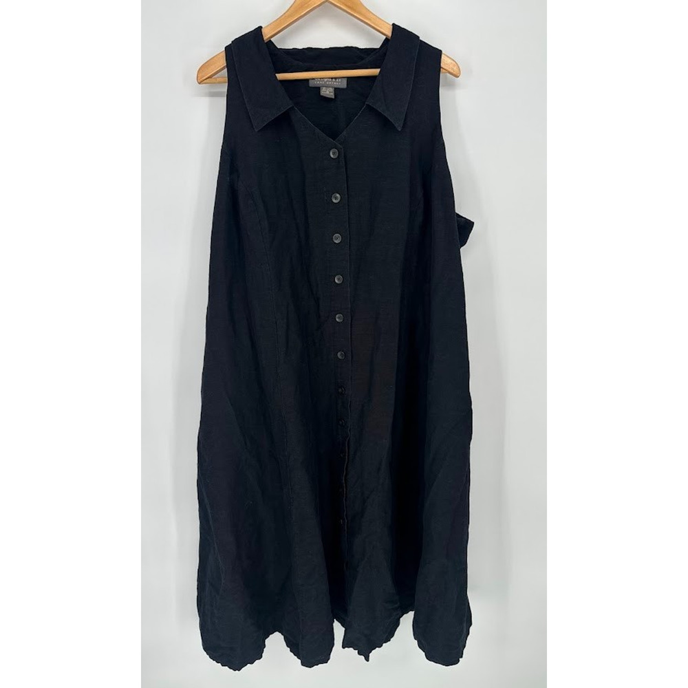 Lane Bryant Design Co Size 28 Linen Collar Button Dress Coastal Lagenlook Black